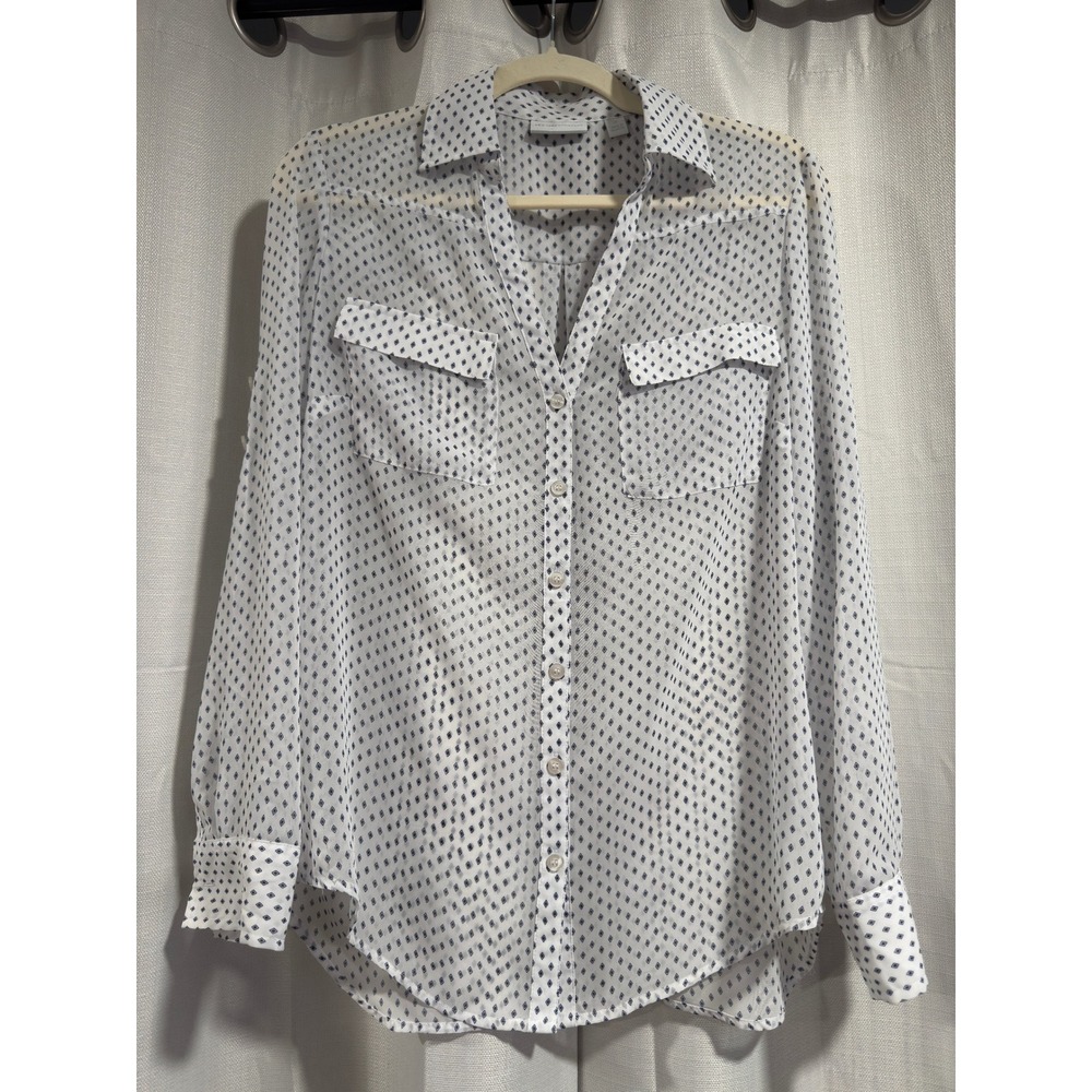 New York & Company Womens White Navy Diamond‎ Sheer Button Up Blouse Top Size M